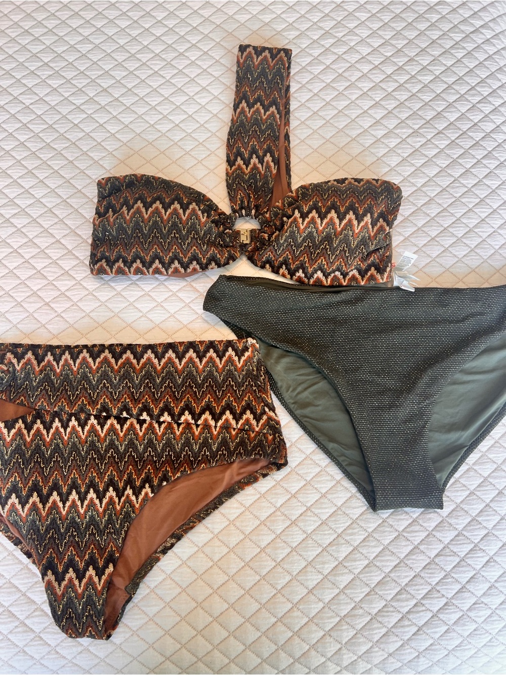 Women’s Mixed-Pattern 3 Piece Bandeau & Bikini Set - Olive, Rust, Black NWOT